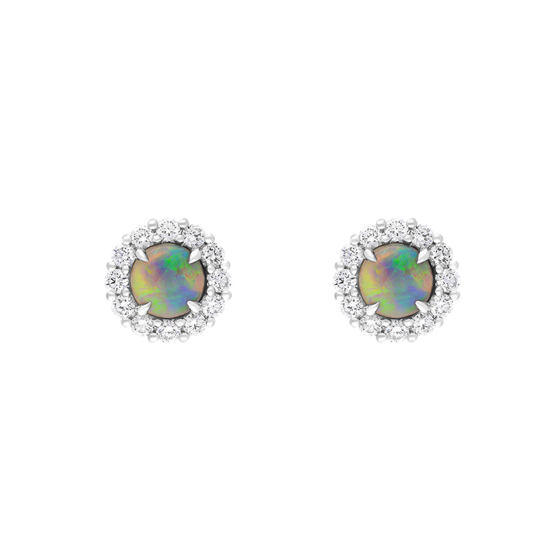 18ct White Gold 1.05ct Opal Diamond Cluster Round Stud Earrings - White Gold