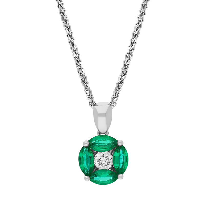 18ct White Gold Emerald Diamond Marquise Stone Round Cluster Pendant - Gold