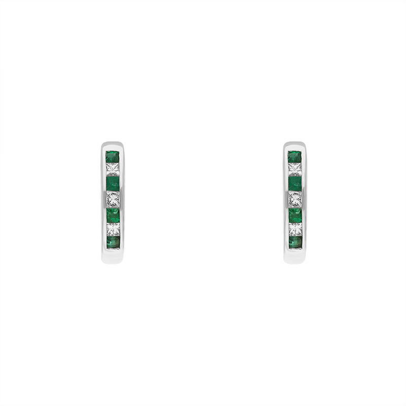18ct White Gold Emerald Diamond Princess Cut Hoop Earrings - Gold