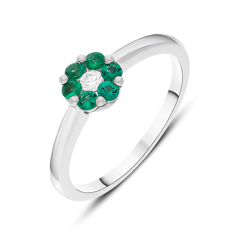 18ct White Gold Emerald Diamond Round Cluster Ring - Gold