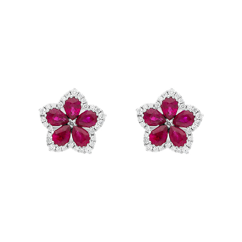 18ct White Gold Ruby Diamond Pear Cluster Flower Stud Earrings - White Gold
