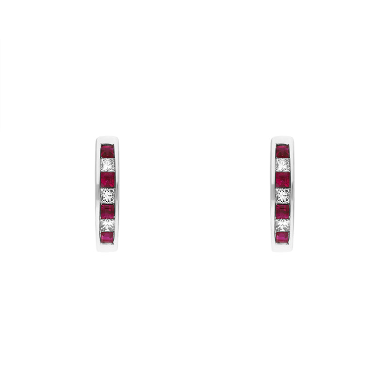 18ct White Gold Ruby Diamond Princess Cut Hoop Earrings - Gold