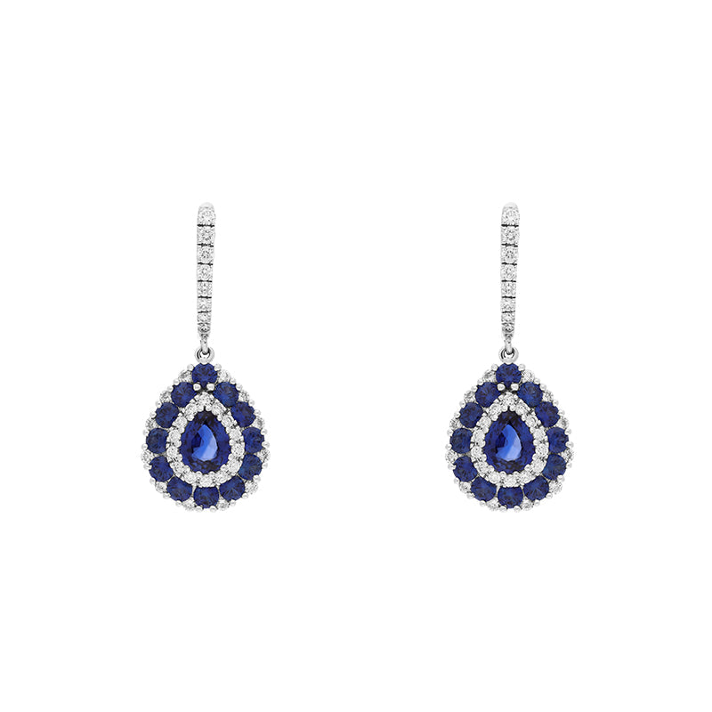 18ct White Gold Sapphire Diamond Pear Cut Drop Earrings - Gold