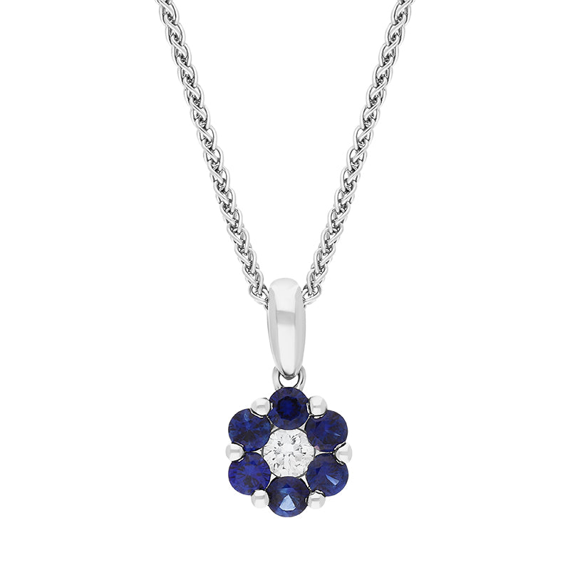 18ct White Gold Sapphire Diamond Round Cluster Pendant - Gold