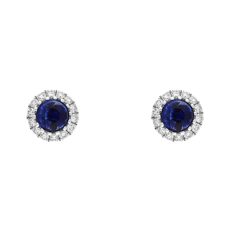 18ct White Gold Sapphire Diamond Round Cluster Stud Earrings - Gold