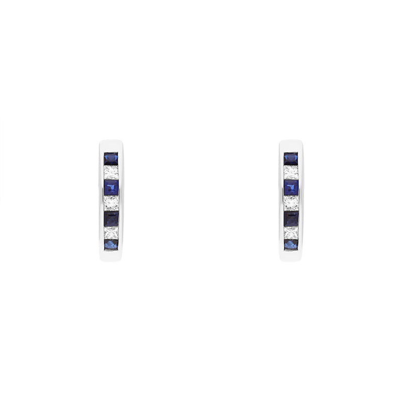 18ct White Gold Sapphire Diamond Princess Cut Hoop Earrings - Gold