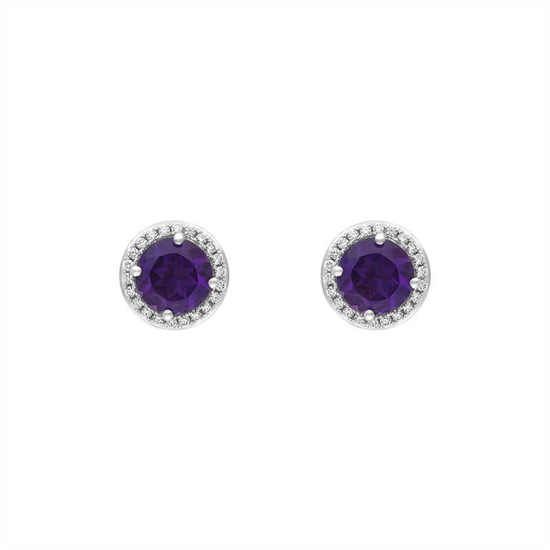 18ct White Gold Amethyst Diamond Cluster Round Stud Earrings - White Gold