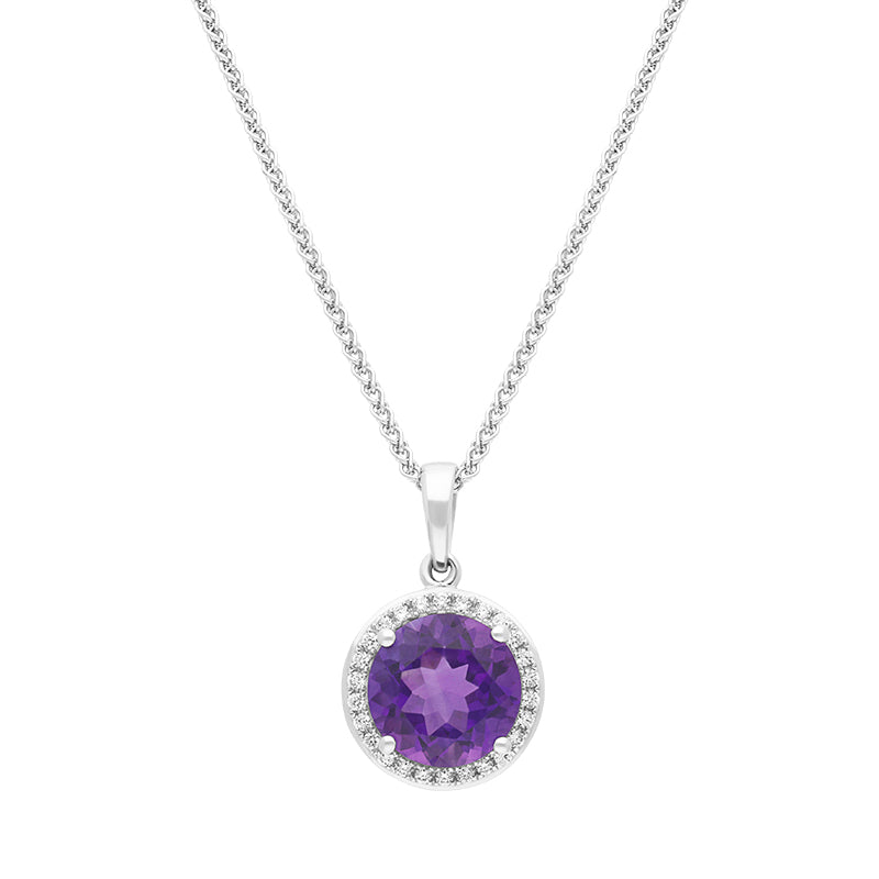 18ct White Gold Amethyst Diamond Round Cluster Pendant - White Gold