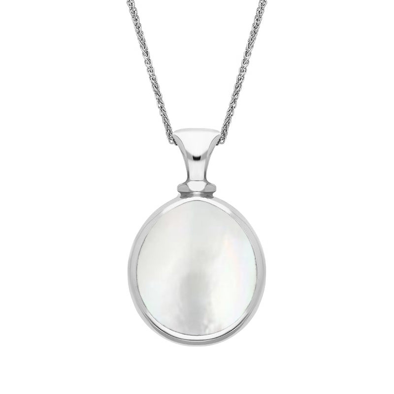 18ct White Gold Blue John Mother Of Pearl Small Double Sided Pear Fob Necklace