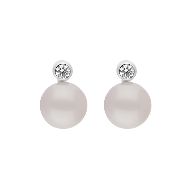 18ct White Gold Diamond Akoya Pearl Stud Earrings - Gold