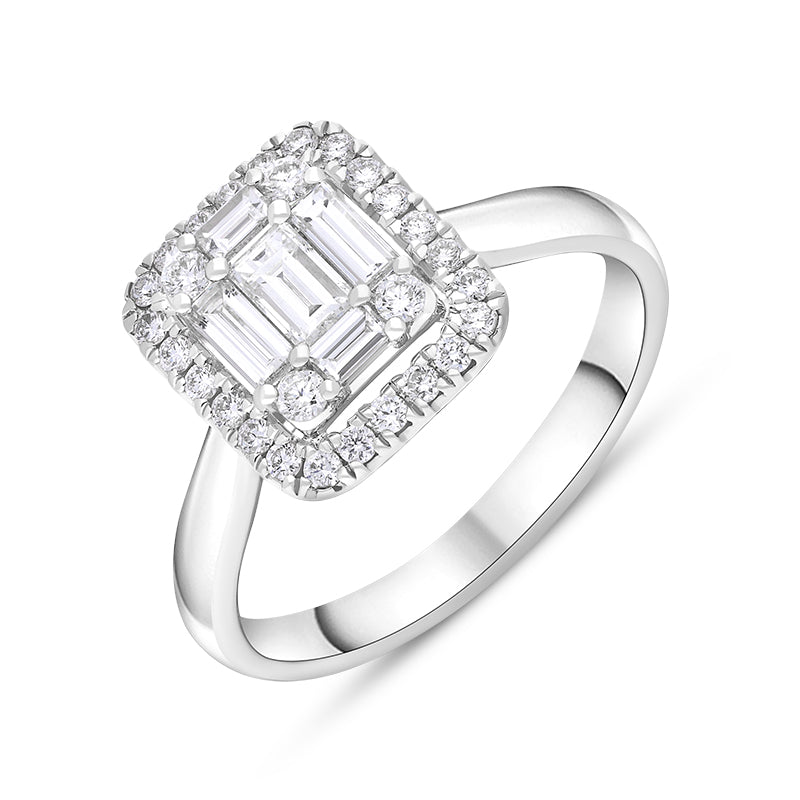 18ct White Gold Diamond Baguette Cut Vintage Style Cluster Ring - Option1 Value White Gold