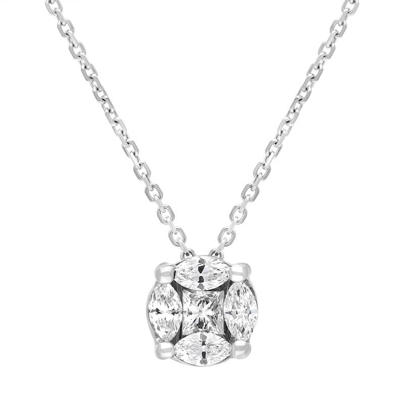 18ct White Gold Diamond Princess and Marquise Cut Round Cluster Necklace