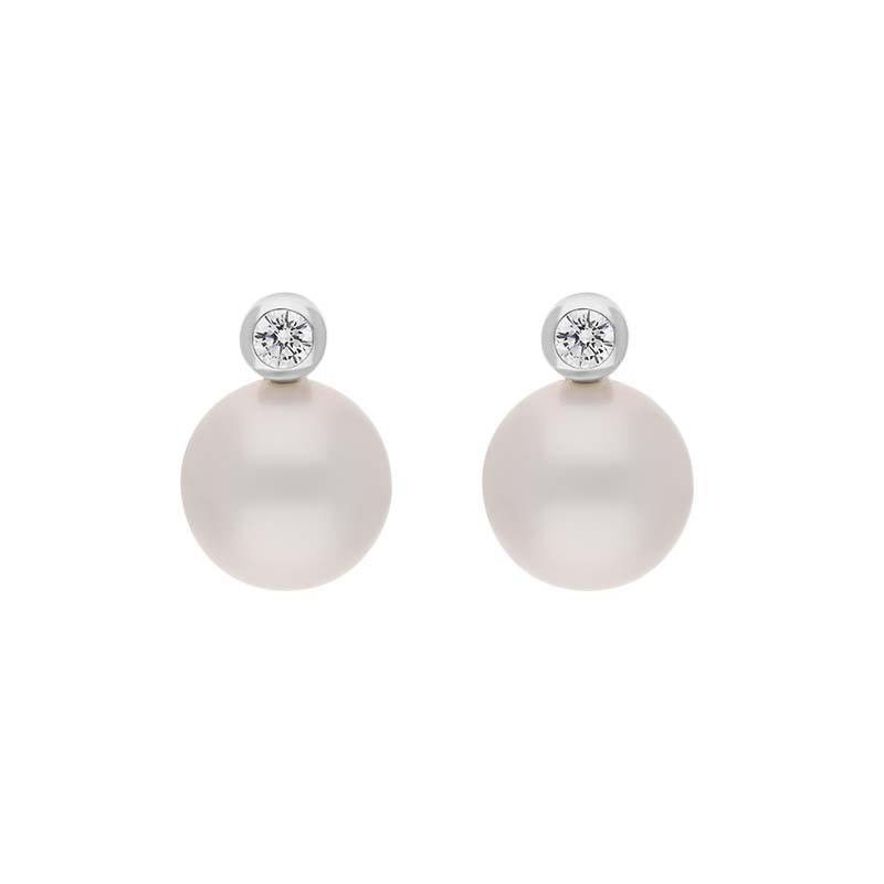 18ct White Gold Diamond South Sea Pearl Stud Earrings - Gold