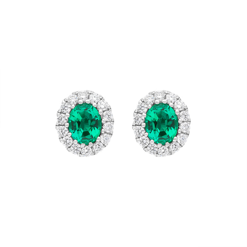18ct White Gold Emerald Diamond Oval Cluster Stud Earrings - White Gold