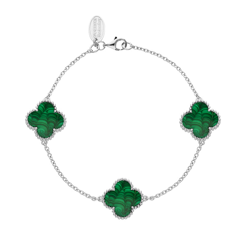 18ct White Gold Malachite Bloom Four Leaf Clover Ball Edge Chain Bracelet
