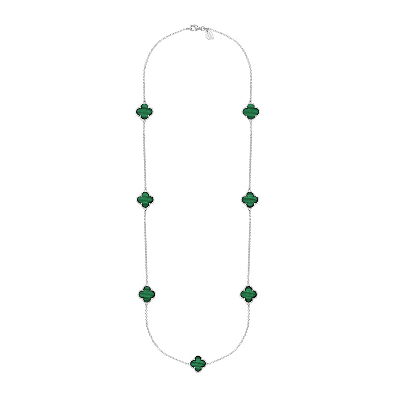 18ct White Gold Malachite Bloom Four Leaf Clover Ball Edge Long Necklace