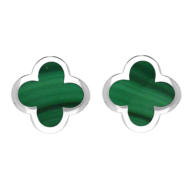 18ct White Gold Malachite Bloom Four Leaf Clover Stud Earrings