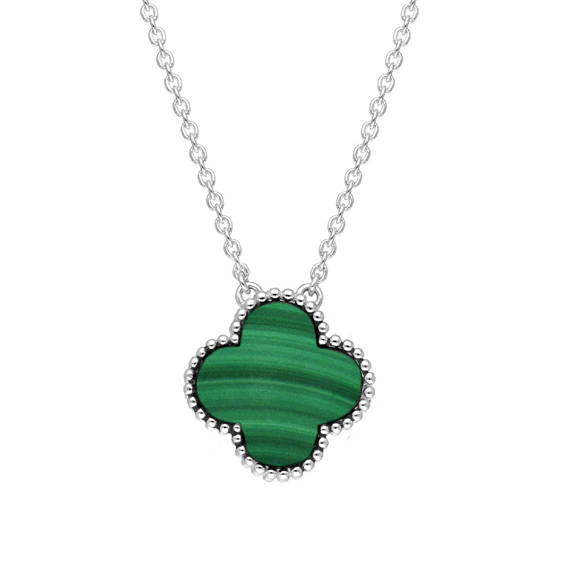 18ct White Gold Malachite Bloom Large Four Leaf Clover Ball Edge Chain Necklet