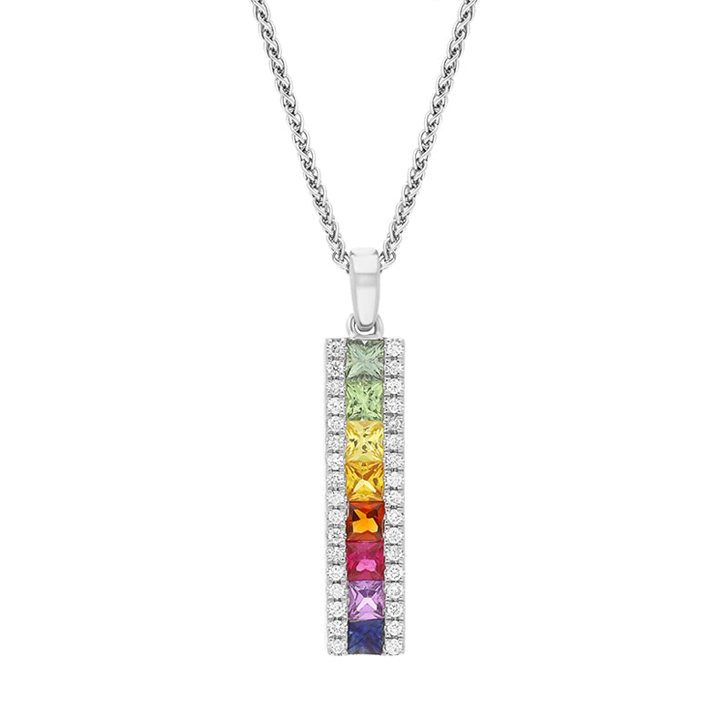 18ct White Gold Multicoloured Sapphire Diamond Bar Pendant - Gold
