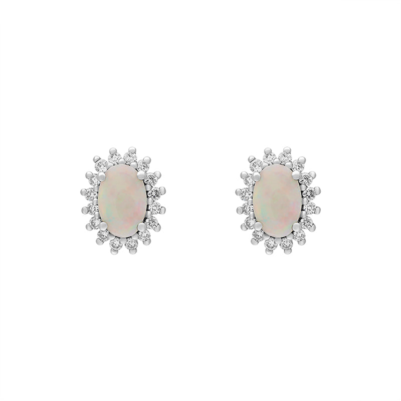 18ct White and Yellow Gold Opal Diamond Oval Cluster Stud Earrings - Option1 Value White Gold