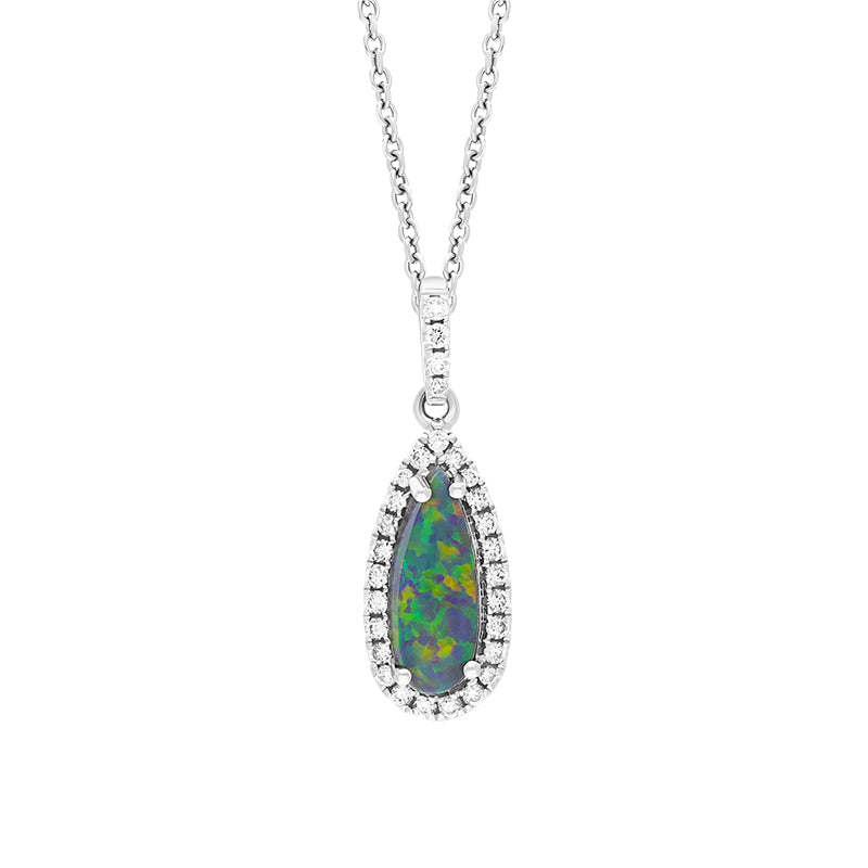 18ct White Gold Opal Diamond Pear Cluster Pendant - White Gold
