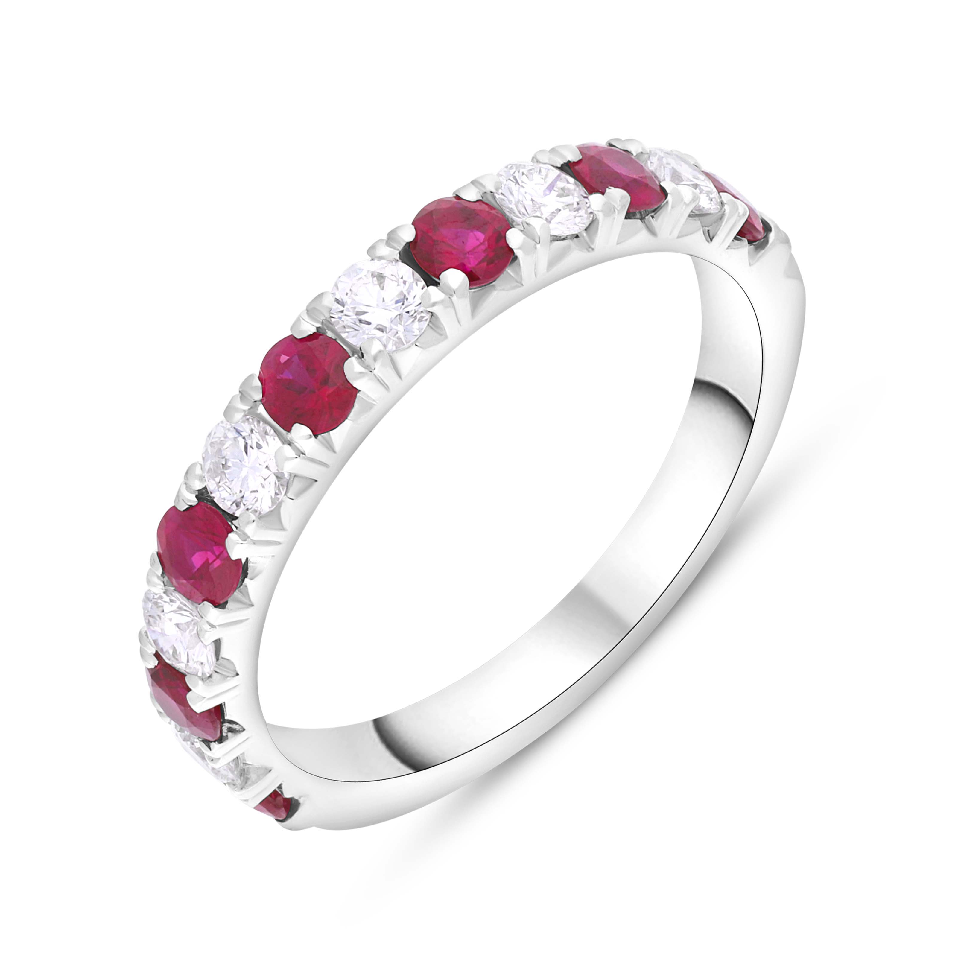 18ct White Gold Ruby Diamond Castle Claw Set Half Eternity Ring