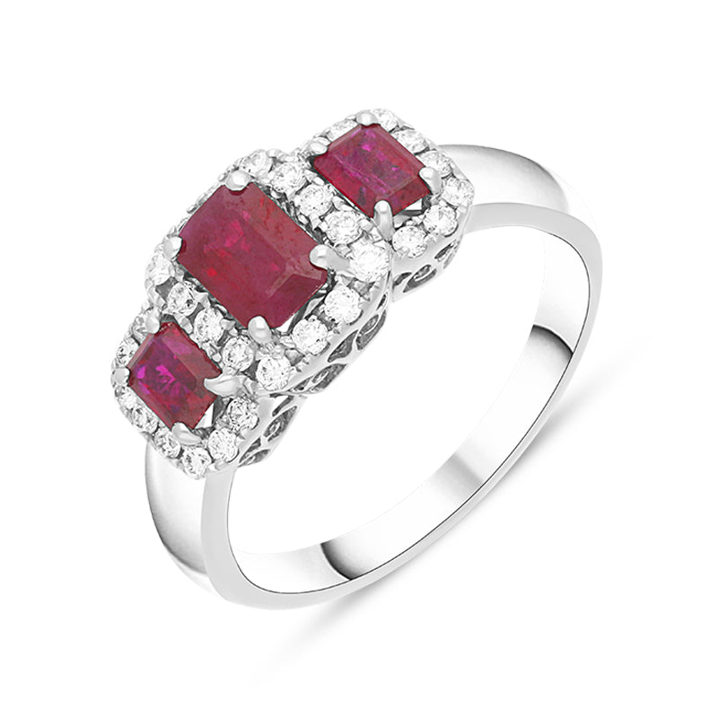 18ct White Gold Ruby Diamond Claw Set Triple Cluster Ring - White Gold