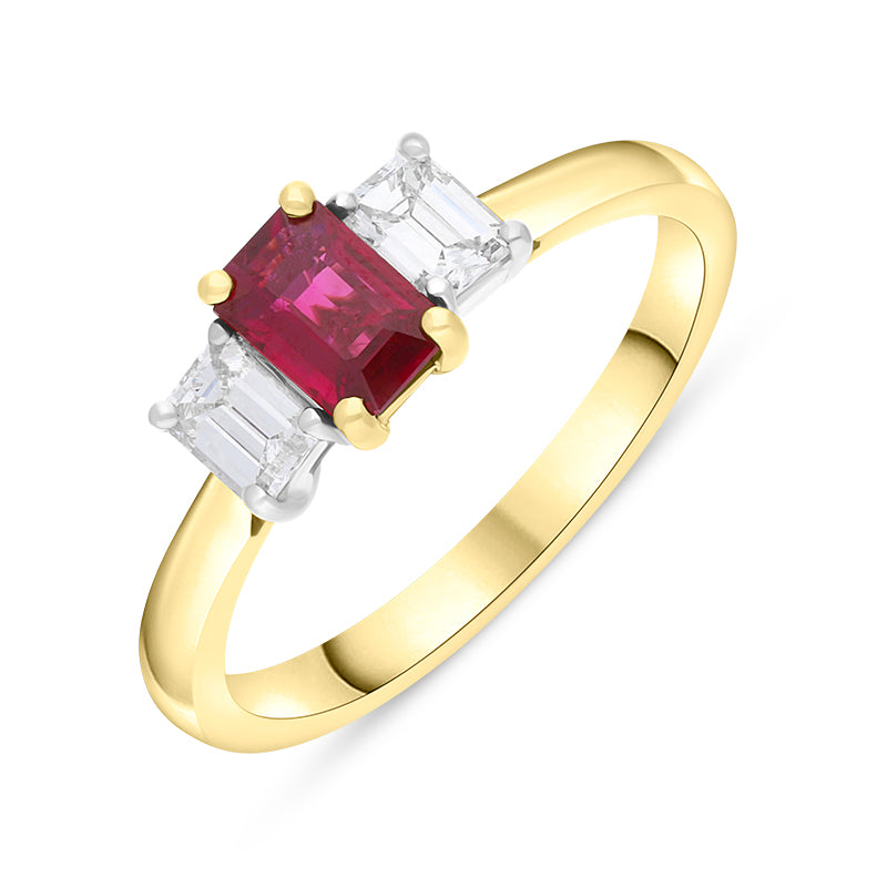 18ct Yellow Gold Ruby Diamond Emerald Cut Three Stone Ring - Yellow Gold