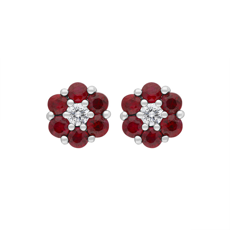 18ct White Gold Ruby Diamond Flower Stud Earrings - White Gold