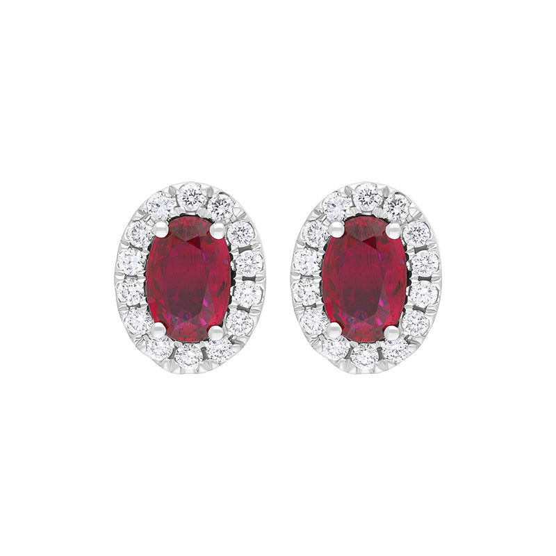 18ct White Gold Ruby Diamond Oval Cluster Stud Earrings