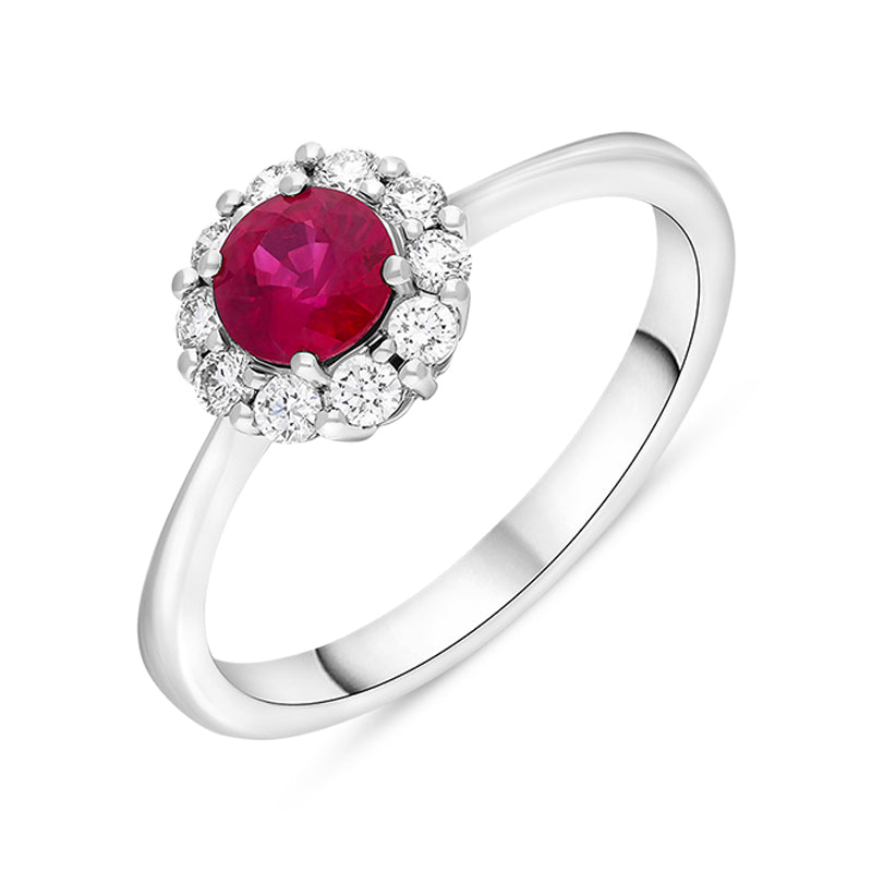 18ct White Gold Ruby Diamond Round Cluster Ring - M