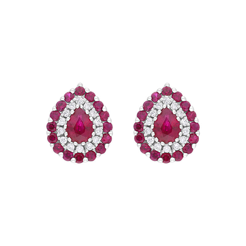 18ct White Gold Ruby Diamond Surround Teardrop Stud Earrings