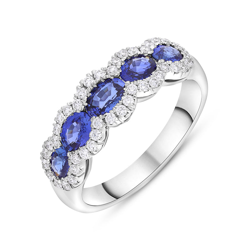 18ct White Gold Sapphire Diamond Cluster Oval Cut Eternity Ring - N