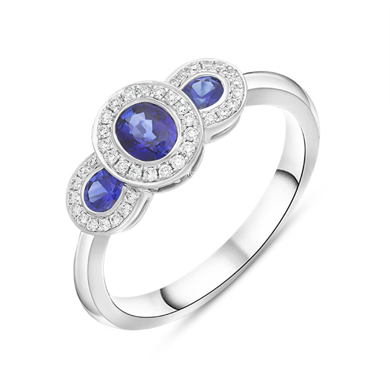 18ct White Gold Sapphire Diamond Pave Triple Cluster Ring - White Gold
