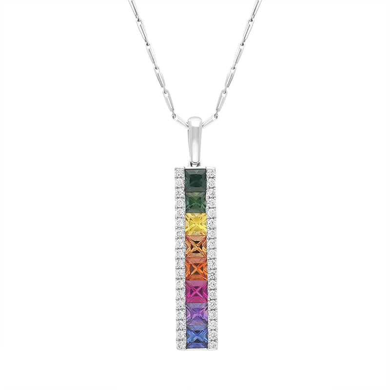18ct White Gold Sapphire Diamond Princess Cut Multicoloured Bar Pendant - White Gold