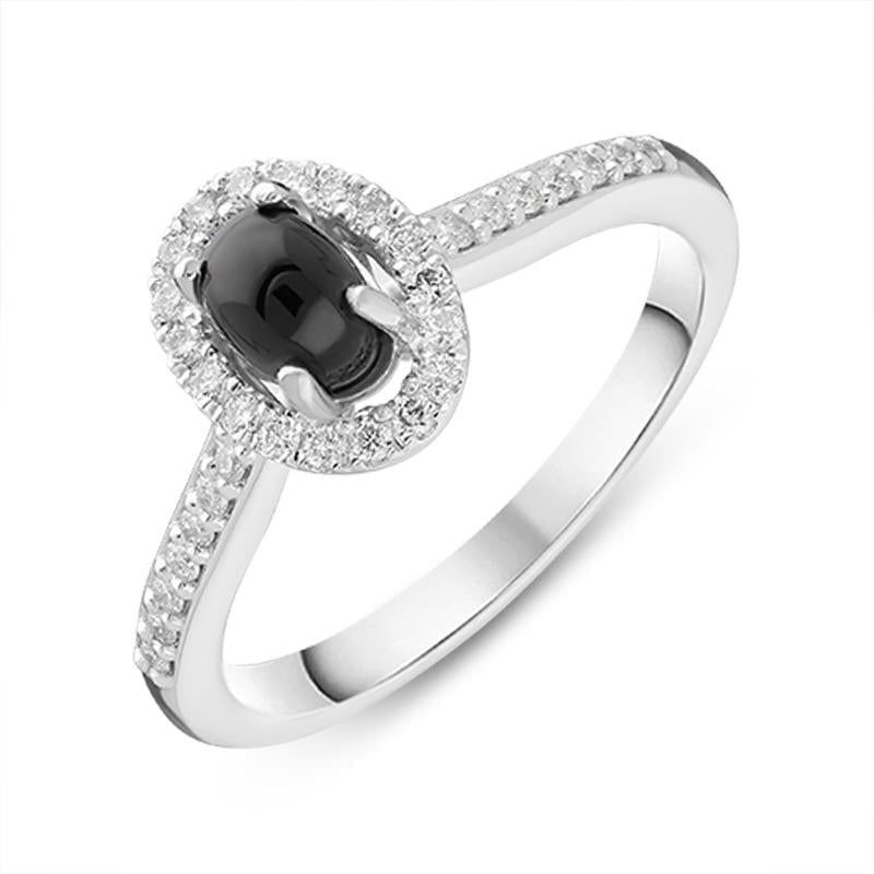 18ct White Gold Whitby Jet 0.19ct Diamond Halo Ring