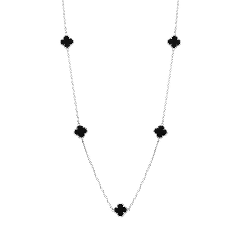 18ct White Gold Whitby Jet Bloom Four Leaf Clover Ball Edge Necklace