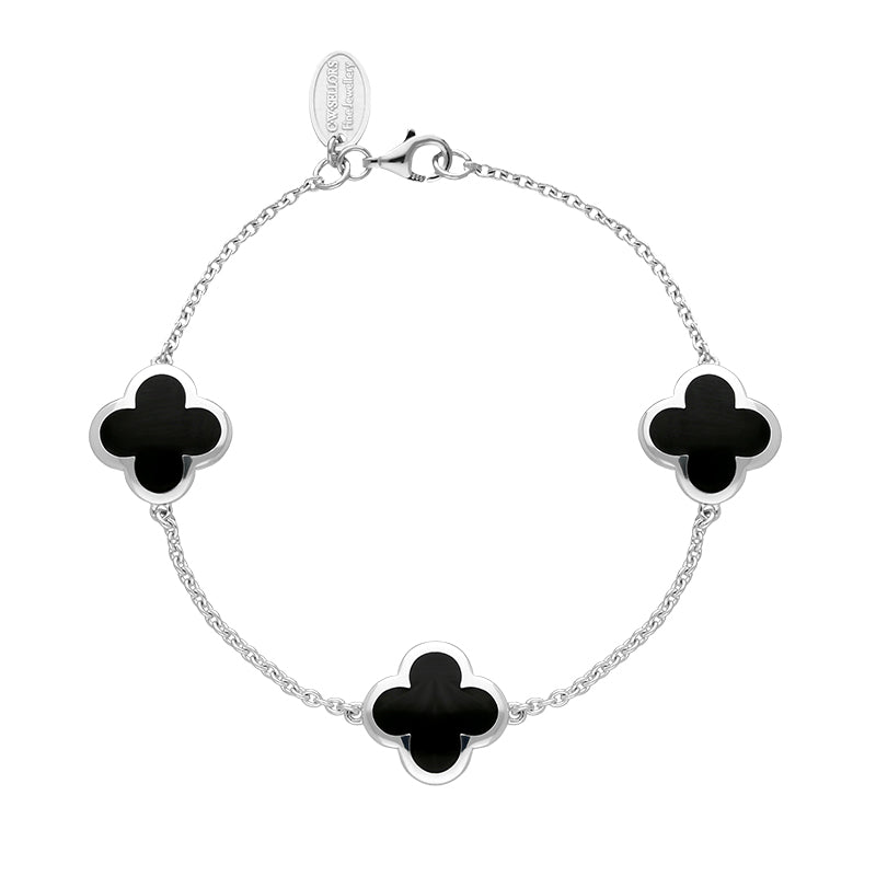 18ct White Gold Whitby Jet Bloom Four Leaf Clover Chain Bracelet