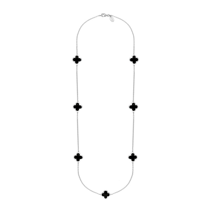 18ct White Gold Whitby Jet Bloom Four Leaf Clover Long Necklace