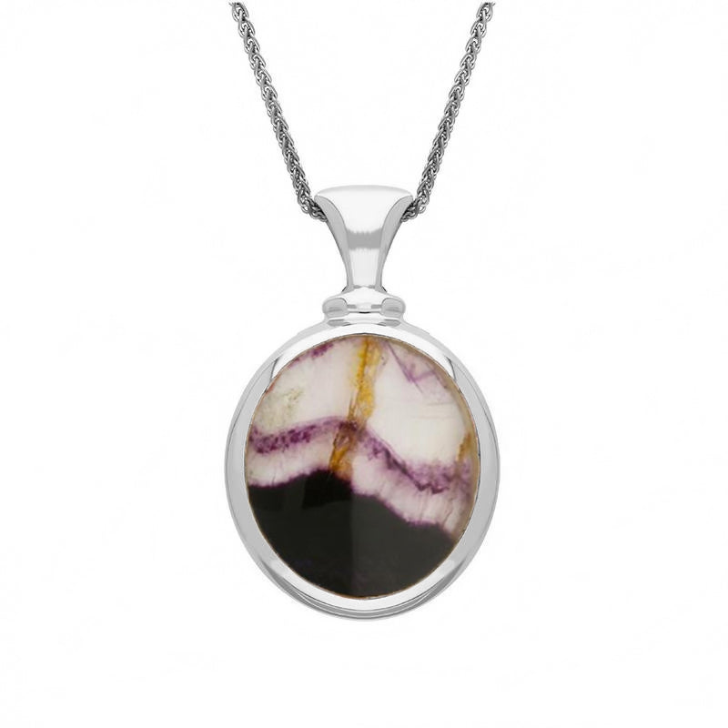 18ct White Gold Whitby Jet Blue John Small Double Sided Oval Fob Necklace - White Gold