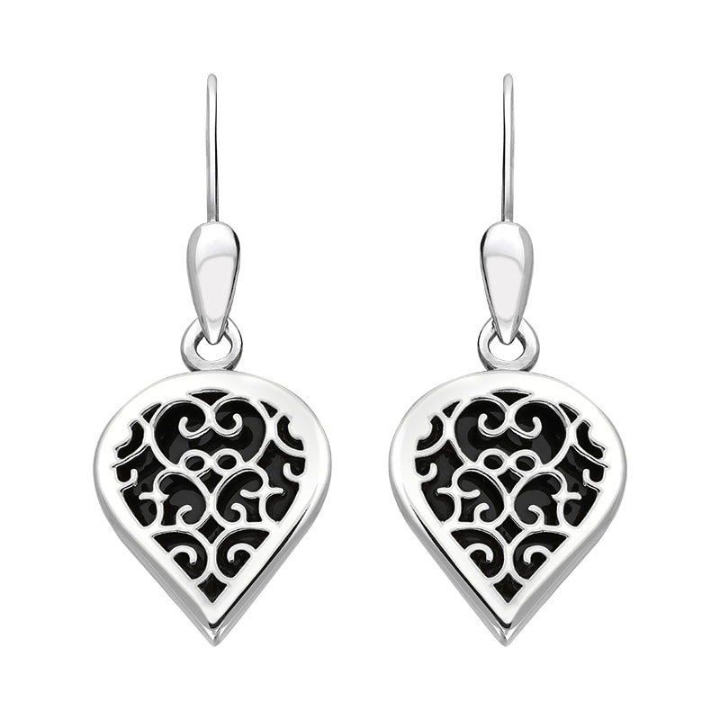18ct White Gold Whitby Jet Flore Filigree Heart Drop Earrings