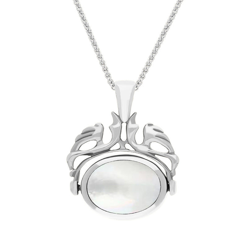 18ct White Gold Whitby Jet Mother Of Pearl Double Sided Swivel Fob Necklace - White Gold