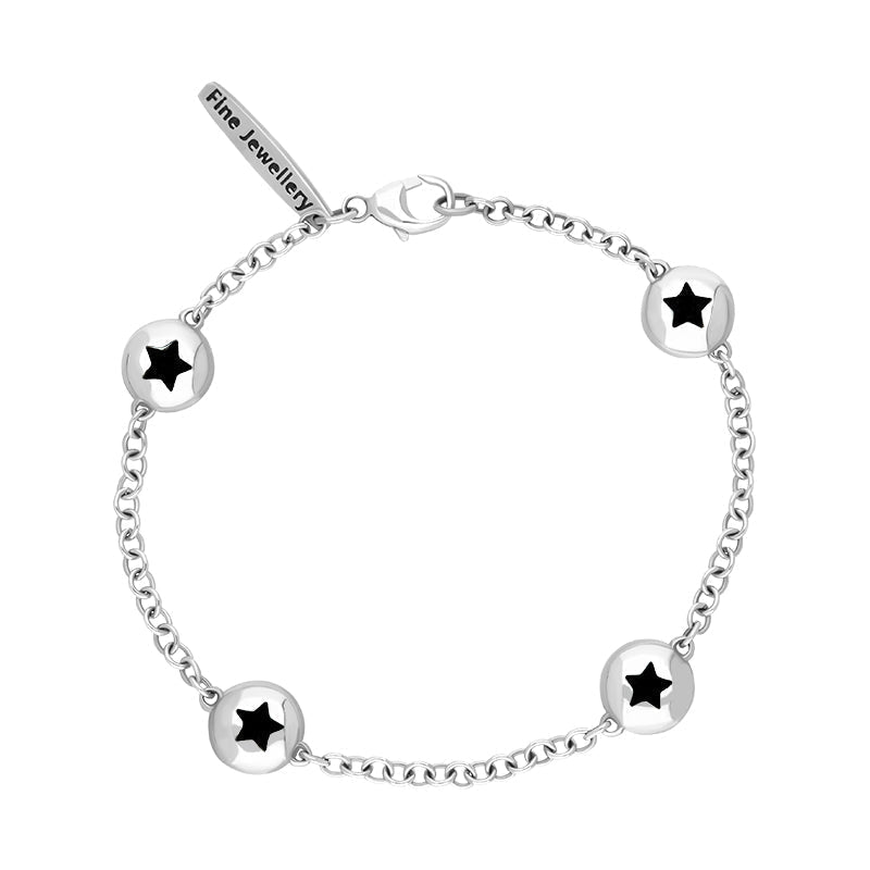 18ct White Gold Whitby Jet Oval Star Detail Four Stone Bracelet - White Gold