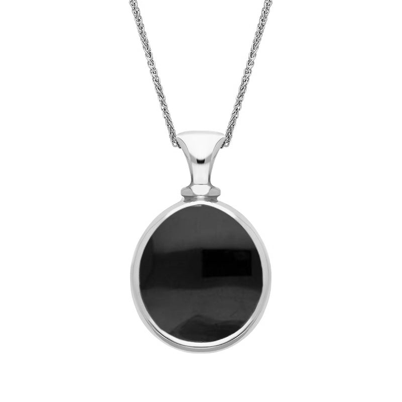 18ct White Gold Whitby Jet Mother Of Pearl Small Double Sided Pear Fob Necklace