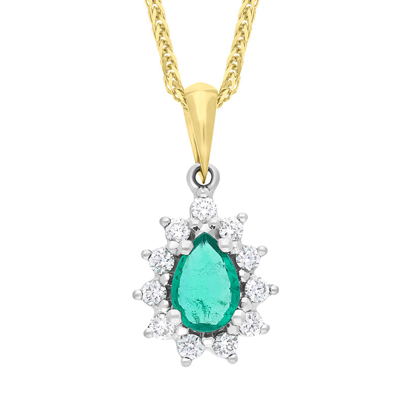 18ct Yellow and White Gold Emerald Diamond Cluster Pear Cut Pendant