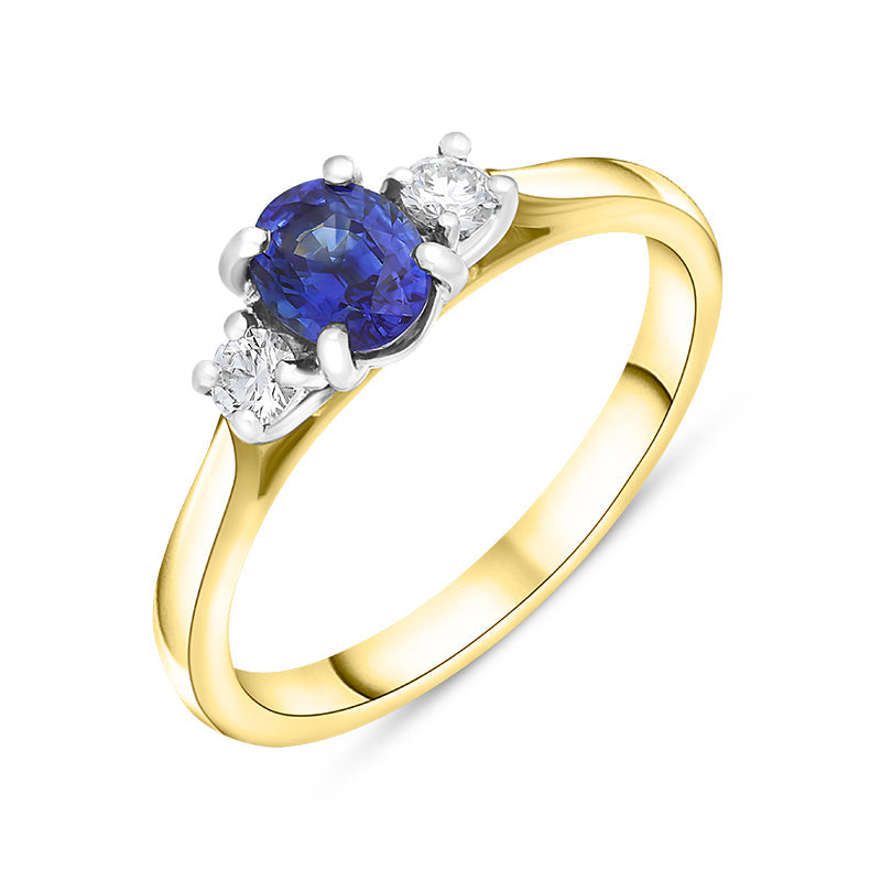 18ct Yellow Gold 0.64ct Sapphire Diamond Oval Cut Three Stone Ring - Yellow Gold