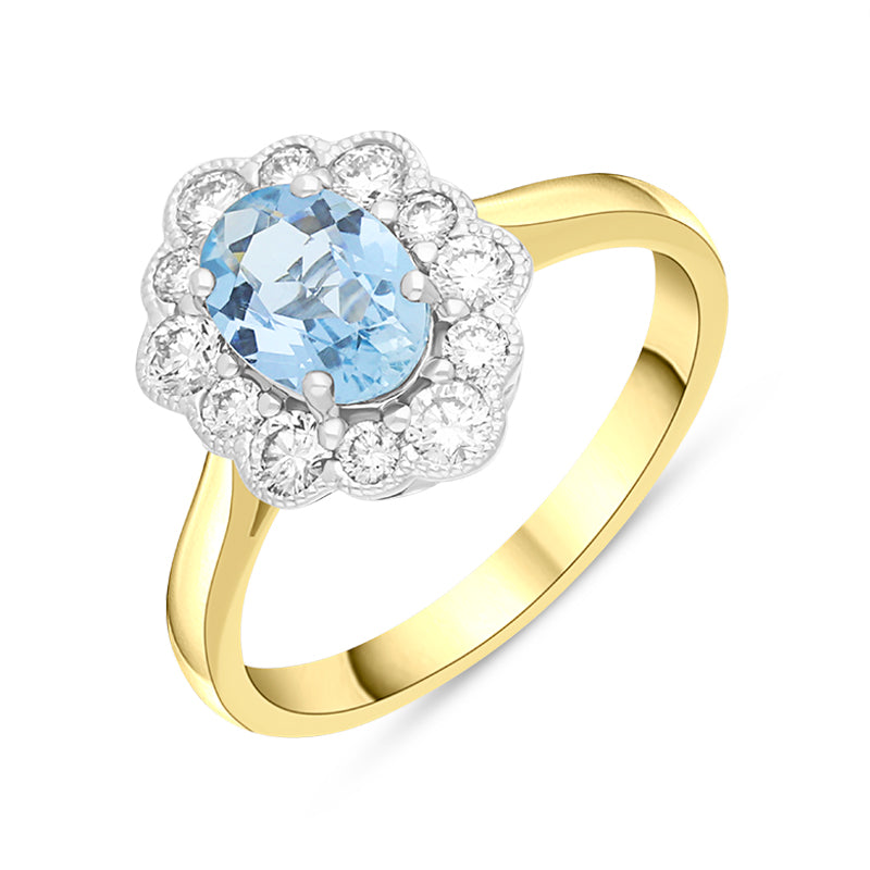 18ct Yellow Gold 0.67ct Aquamarine Diamond Halo Ring - Yellow Gold