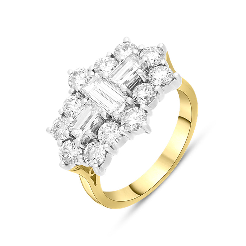 18ct Yellow Gold 3.00ct Diamond Baguette Round Brilliant Cut Vintage Style Cluster Ring - Yellow Gold