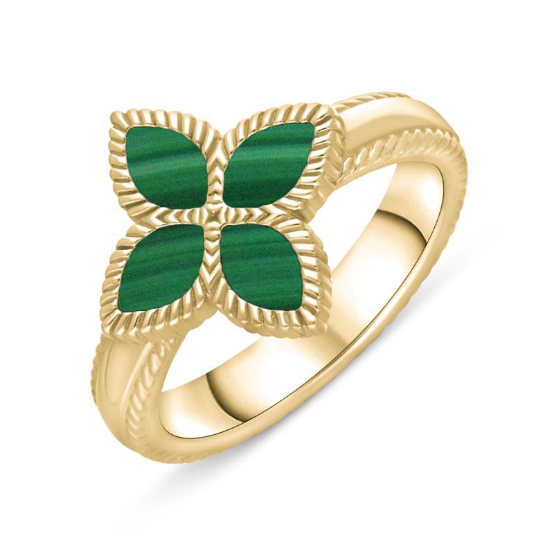 9ct Yellow Gold Malachite Bloom Marquise Flower Ring - M