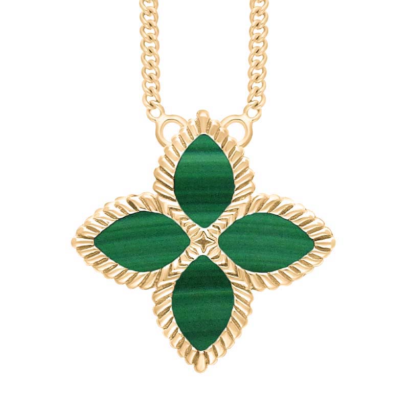 9ct Yellow Gold Malachite Bloom Large Marquise Flower Necklace - Gold